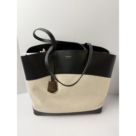 Ferragamo Charming Medium Tote Bag Canvas Leather Beige Black New $1650 - Picture 1 of 9